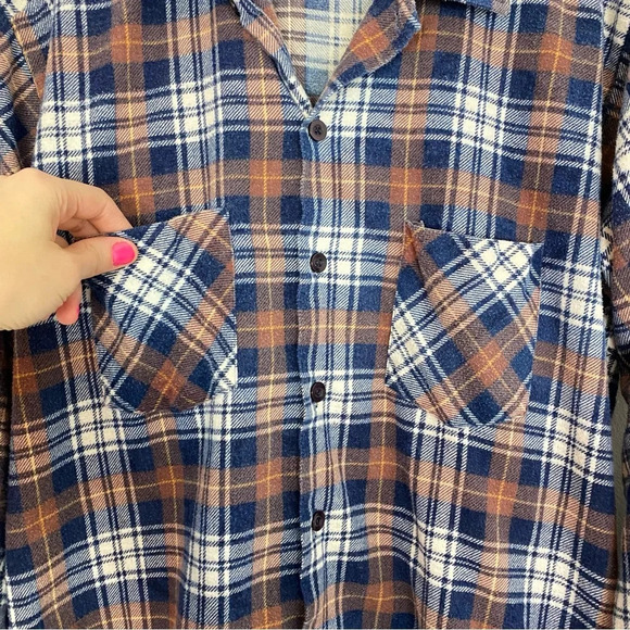 Vintage 90s Plaid Button Down Flannel Shirt Mens Large Tall Unisex Printed Brown - Picture 4 of 11